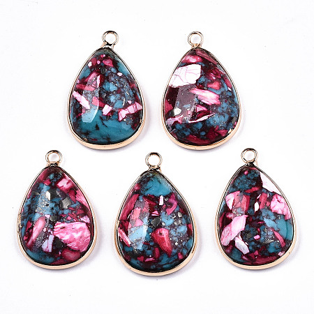 ARRICRAFT Teardrop Assembled Synthetic Turquoise and Natural Regalite/Imperial Jasper Pendants, with Iron Loop and Brass Edge, Light Gold, Dyed, Cerise, 30x19x7~8mm, Hole: 2mm