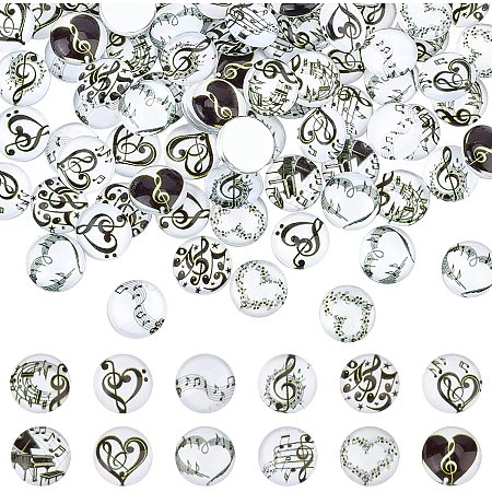 Arricraft 120 Pcs 10mm Black Music Note Pattern Printed Glass Cabochons, 12 Styles Flatback Dome Cabochons, Mosaic Tile for Photo Pendant Making Jewelry, Black Music Note