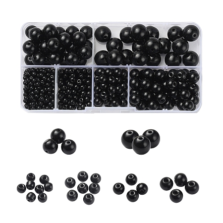 Arricraft 442Pcs 6 Style Glass Round Beads, Black, 3~12mm, hole: 0.5~1mm