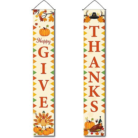 CREATCABIN Thanks Give Hanging Banner Pumpkin Turkey Wine Beer Door Decor Welcome Porch Sign for Indoor Outdoor Holiday Home Party Porch Wall Thanksgiving Xmas 11.8 x 70.8inch