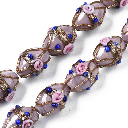 Handmade Gold Sand Lampwork Beads Strands, Ovald with Flower, Rosy Brown, 16~17x13~15x12~13mm, Hole: 1.4~1.8mm, about 30pcs/strand, 19.69 inch(50cm)