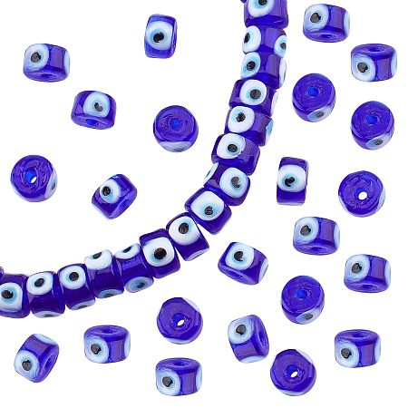 Nbeads Handmade Evil Eye Lampwork Beads Strands, Column, Blue, 8.5x6~7mm, Hole: 2mm, about 53~56pcs/strand, 13.78 inch~14.17 inch(35cm~36cm)