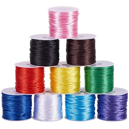PandaHall Elite 10 Color 2mm Satin Rattail Cord String Nylon Trim Silk Cord for Friendship Bracelet, Chinese Knot, Macramé, Trim, Jewelry Making, 100 Yards Totally