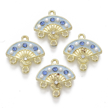 Arricraft Alloy Enamel Chandelier Component Links, with Rhinestone and Plastic Imitation Pearl, Fan, Light Gold, Sky Blue, 17x16x3mm, Hole: 1.2mm