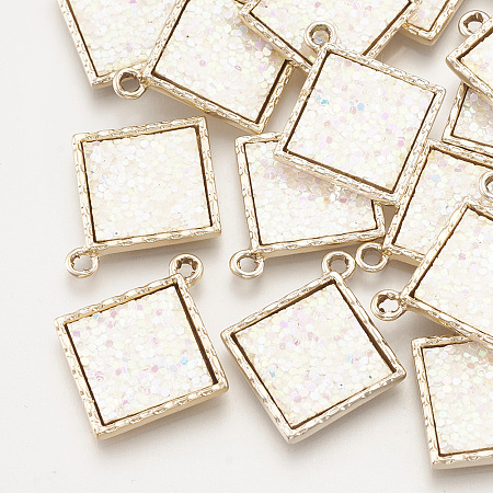 Alloy Pendants, with Sequins/ Paillettes, Rhombus, Golden, Creamy White, 26x22x2.5mm, Hole: 2mm