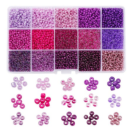 ARRICRAFT 3750Pcs 15 Style 8/0 Glass Round Seed Beads, Baking Paint & Ceylon & Metallic Colours & Transparent Inside Colours Round Hole Beads, Small Craft Beads, for DIY Jewelry Making, Mixed Color, 3~4x2~3mm, hole: 0.8~1mm, 250pcs/style