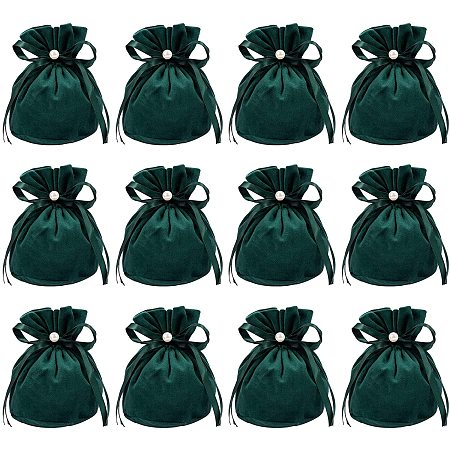 NBEADS 12 Pcs Velvet Bags, Drawstring Pouches Jewelry Storage Bags with Plastic Imitation Pearl for Christmas Wedding Birthday Party Favors, Dark Green, 13.2x14cm