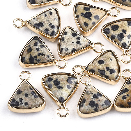 Honeyhandy Natural Dalmatian Jasper Pendants, with Brass Findings, Triangle, Golden, 16~16.5x12.5x5mm, Hole: 2mm