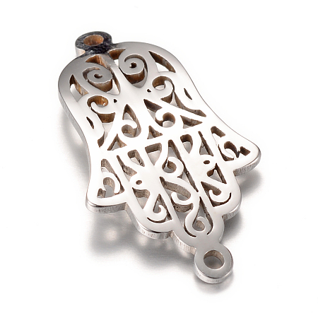 Honeyhandy 201 Stainless Steel Links connectors, Hamsa Hand/Hand of Fatima/Hand of Miriam, Stainless Steel Color, 27x14.5x1mm, Hole: 1mm