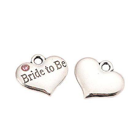 ArriCraft About 10pcs Wedding Theme Antique Silver Tone Tibetan Style Heart with Bride to Be Rhinestone Charms for DIY Bracelet Necklace Earring Making, Light Rose, 14x16x3mm, Hole: 2mm