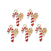 Rack Plating Alloy Enamel Pendants, with Crystal Rhinestone, Cadmium Free & Nickel Free & Lead Free, Light Gold, Christmas Candy Cane, Red, 22x14.5x5mm, Hole: 2mm