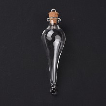 Honeyhandy Teardrop Glass Cork Bottle Big Pendants, Glass Empty Wishing Bottle Charm, with Platimen Tone Iron Loops, Clear, 7.4cm, Hole: 2.5mm