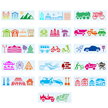 GORGECRAFT 16 Styles Building Stencils Reusable Hollow Out Vehicle Paint Stencil Amusement Park Carousel House Castle Car Bicycle Rocket Plastic Drawing Template for Painting Walls Craft Scrapbook