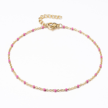 Honeyhandy 304 Stainless Steel Cable Chain Anklets, with Enamel Links, Golden, Pink, 9 inch(23cm), 1.5~2mm