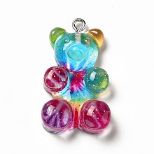 Honeyhandy Translucent Resin Pendants, Glitter Bear Charms, with Platinum Tone Iron Loops, Colorful, 32x19x8.5mm, Hole: 2mm