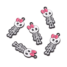 Honeyhandy Halloween Alloy Enamel Pendants, Electrophoresis Black, Skull with Bowknot, Hot Pink, 33x12.5x1.5mm, Hole: 1.8mm