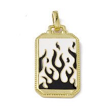 Honeyhandy Alloy Enamel Pendants, Rectangle, Tarot Pattern Charm, Golden, Floral White & Black, Fire Pattern, 26x14x2mm, Hole: 2x3mm