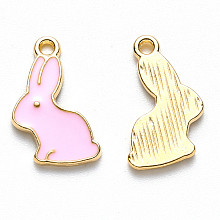 Honeyhandy Alloy Enamel Pendants, Rabbit, Light Gold, Pearl Pink, 17x11x1.5mm, Hole: 1.4mm