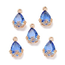 Honeyhandy Rhinestone Pendants, with Light Gold Alloy Settings, Teardrop with Flower, Royal Blue, 20x12.5x6mm, Hole: 1.8mm