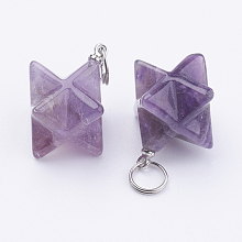 Honeyhandy Natural Amethyst Pendants, with 201 Stainless Steel Split Rings, Stainless Steel Color, Merkaba Star, 23~24x17~17.5x20mm, Hole: 6mm