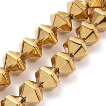 Honeyhandy Electroplated Non-magnetic Synthetic Hematite Beads Strands, Faceted, Bicone, Golden Plated, 8x10x8.5mm, Hole: 0.8mm, about 49pcs/strand, 15.75 inch(40cm)