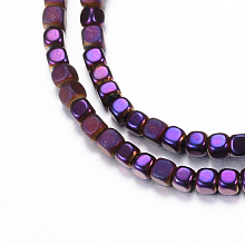 Honeyhandy Electroplate Non-magnetic Synthetic Hematite Bead Strands, with Matte Style, Cube, Purple Plated, 3x3x3mm, Hole: 1mm, about 142pcs/strand, 15.7 inch