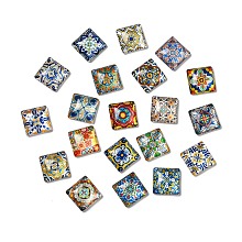 Glass Cabochons, Square with Flower Pattern, Mixed Color, 15x15x5mm, 20pcs/bag.