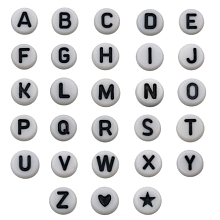 Honeyhandy Opaque Acrylic Beads, White, Flat Round with Alphabet, Letter A~Z, Black, 7mm