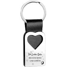 CREATCABIN Heart Keyring with Engraving Leather Love Engraved Stainless Steel Leather Metal Keychain Small Gift Lucky Charm Pendant-I Love You, ICH Liebe Dich BIS Zum MOND UND ZURüCK, Black