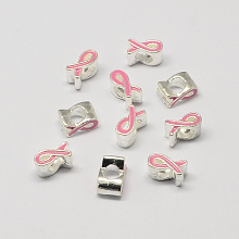 Honeyhandy Alloy Enamel Awareness Ribbon Large Hole European Beads, Silver Color Plated, Pink, 11x6x8mm, Hole: 5mm