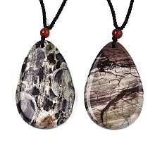 Honeyhandy Natural Flower Agate Pendant Necklaces, Slider Necklaces, with Random Color Polyester Cords, Teardrop, 26~29.9 inch(66~76cm)