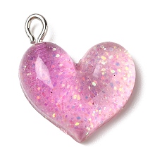 Honeyhandy Gradient Color Transparent Resin Pendants, Glitter Heart Charms, with Platinum Plated Iron Loops, Violet, 21x19.5x6mm, Hole: 3x2mm