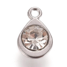 Honeyhandy Faceted Glass Charms, with Platinum Plated Alloy Findings, Teardrop, April Birthstone Charms, Crystal, 11.3x7.2x4.2mm, Hole: 1.2mm