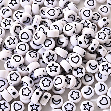 Honeyhandy Opaque White Acrylic Beads, Flat Round with Black Star & Heart & Moon & Flower, 7x3.5mm, Hole: 1.5mm, about 200pcs/bag