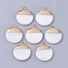 Honeyhandy Electroplate Freshwater Shell Pendants, with Top Golden Plated Brass Loops and Half Drilled, Flat Round, Seashell Color, 22x18x3mm, Hole: 0.8~1.8mm