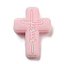 Honeyhandy Cross with Word Jesus Silicone Focal Beads, Chewing Beads For Teethers, DIY Nursing Necklaces Making, Pink, 30x22x8mm, Hole: 2mm