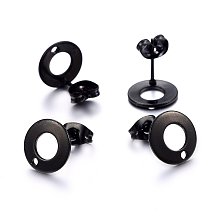 Honeyhandy 304 Stainless Steel Stud Earring Findings, with Loop & Earring Backs, Flat Round, Electrophoresis Black, 10x1mm, Hole: 1.5mm, Pin: 0.8mm