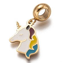 Honeyhandy 304 Stainless Steel European Dangle Charms, Large Hole Pendants, with Enamel, Unicorn Shape, Golden, Colorful, 26mm, Hole: 4.5mm, Pendant: 17x12x1.5mm