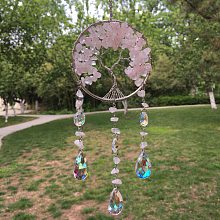 Honeyhandy Metal Wire Wrapped Natural Rose Quartz Chips Flat Round with Tree of Life Pendant Decorations. Hanging Suncatchers, with Glass Teardrop Charm, 300x80mm