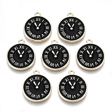 Honeyhandy Clock Alloy Enamel Pendants, Black, Light Gold, 17x14.5x1.5mm, Hole: 1.5mm