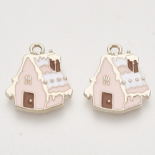 Honeyhandy Christmas Theme, Alloy Enamel Pendants, Light Gold, Snow House, Pink, 19.5x17x2mm, Hole: 2mm