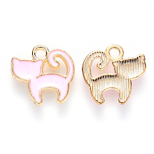 Honeyhandy Alloy Enamel Charms, Cat Shape, Light Gold, Pink, 13x13x2mm, Hole: 1.8mm