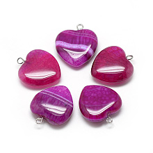 Honeyhandy Natural Brazilian Agate Pendants, Dyed & Heated, with Iron Findings, Heart, Platinum, Camellia, 22x20x6mm, Hole: 1.5mm