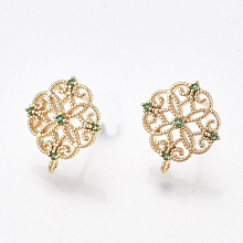 Honeyhandy Brass Stud Earring Findings, Cubic Zirconia and Loop, Nickel Free, Real 18K Gold Plated, Flower, Green, 13x12mm, Hole: 0.8mm, Pin: 0.8mm