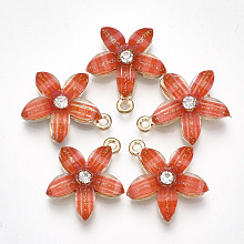 Honeyhandy Alloy Pendants, with Resin and Rhinestone, Flower, Crystal, Light Gold, Orange Red, 21.5x18.5x5mm, Hole: 1.5mm