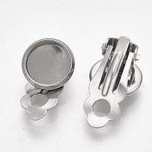 Honeyhandy 201 Stainless Steel Clip-on Earring Findings, Flat Round, Stainless Steel Color, 18x11.5x7mm, Hole: 3mm, Tray: 10mm