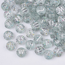 Honeyhandy Plating Transparent Acrylic Beads, with Glitter Powder, Metal Enlaced, Horizontal Hole, Flat Round with Letter, Silver Plated, 7x4mm, Hole: 1.5mm