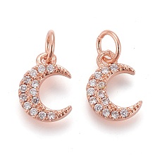 Honeyhandy Brass Micro Pave Clear Cubic Zirconia Charms, Long-Lasting Plated, with Jump Rings, Moon, Rose Gold, 10x8x1.6mm, Hole: 3.6mm, jump ring: 5x0.6mm