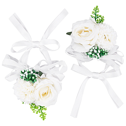 CRASPIRE 2PCS Wedding Wrist Flower White Artificial Floral Wrist Corsage Bridal Rose Leaf Silk Ribbon Hand Flowers for Bride and Bridesmaid Festival Prom Engagement Ceremony