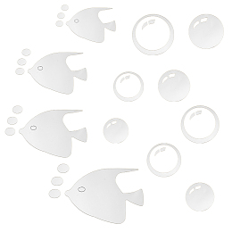 SUPERFINDINGS 58pcs 8 Size Silver Bubble Wall Stickers with 1 Sheet Fish Wall Decals Self Adhesive Acrylic Mirror Effect Wall Stickers for Bedroom Bathroom Birthday Party